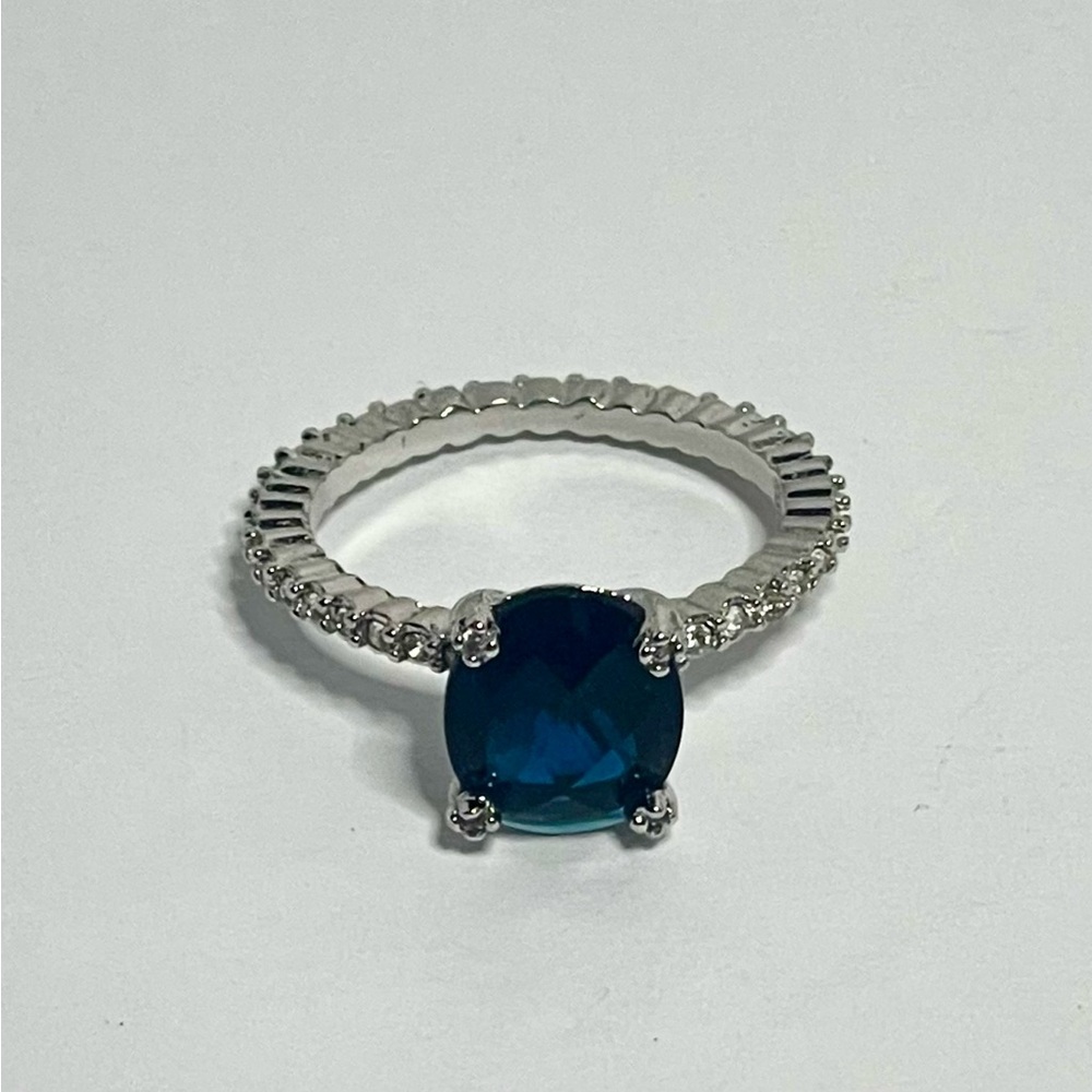 Nevada Silver Mine Cubic Zirconia Sapphire Center Stone Diamond Halo Ring Size 8